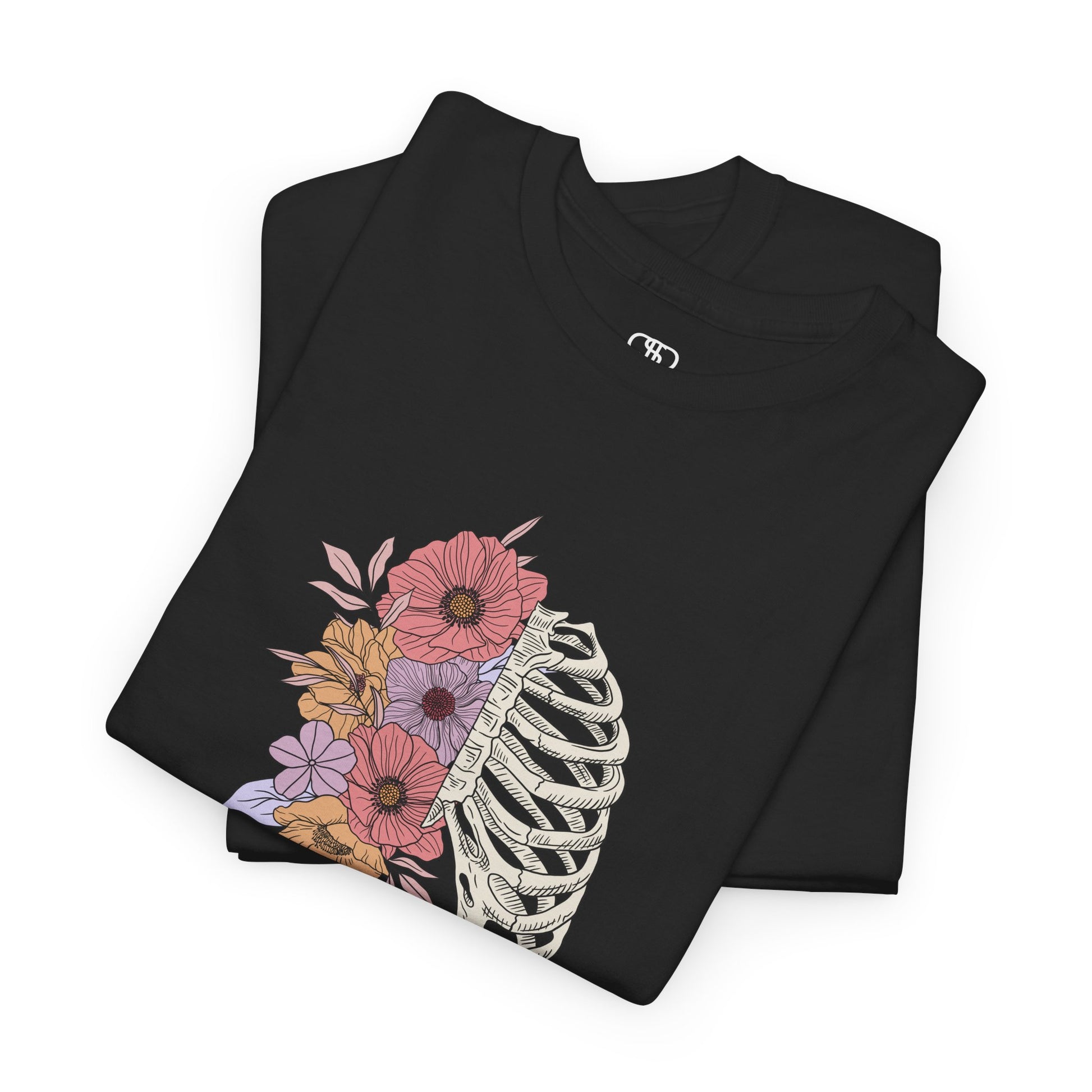 T-shirt with a lung graphic, half skeletal ribcage, half flowers.
