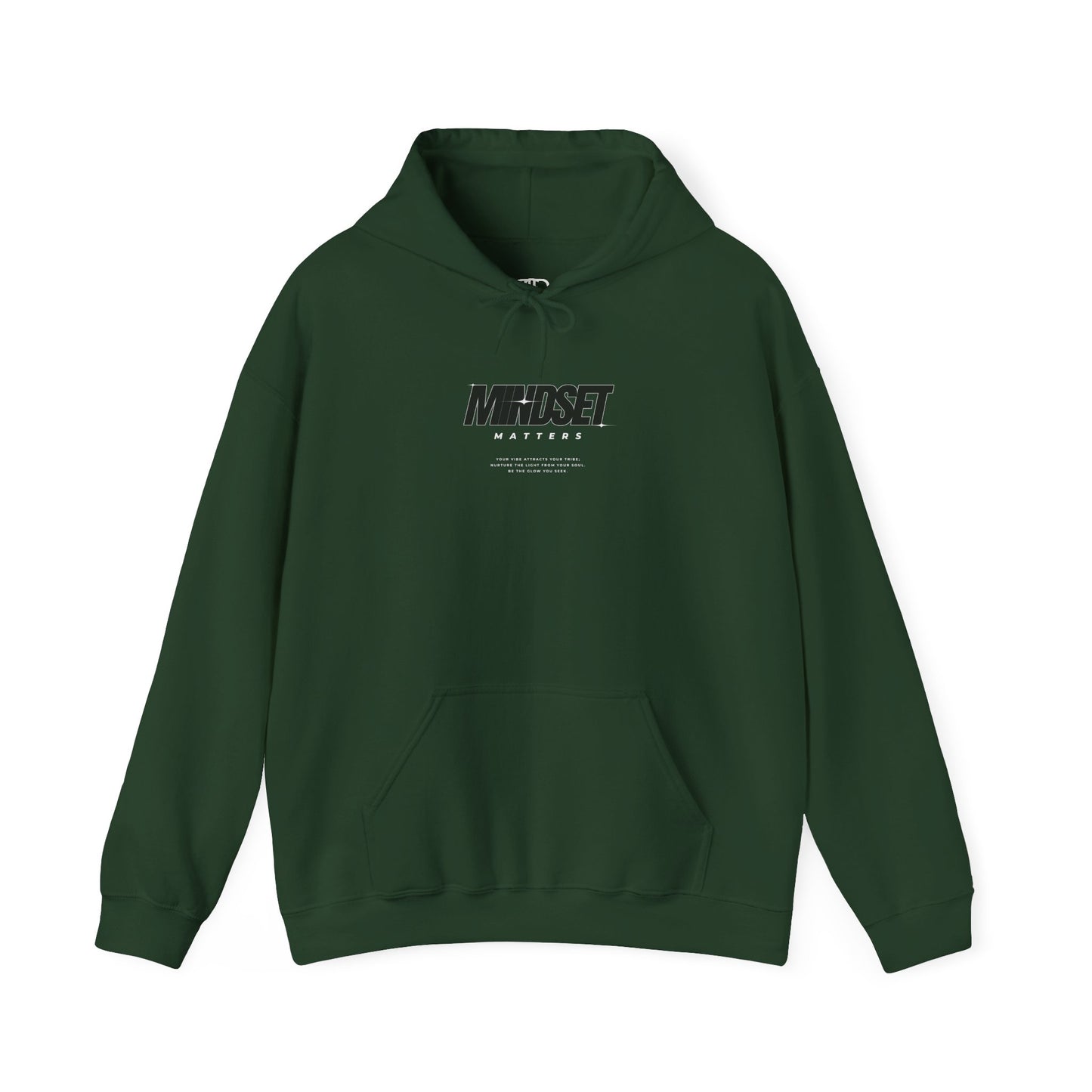 A Forest Green hoodie "Mindset Matters" text with stars on hoodie, with an inspirational quote below.