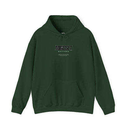 A Forest Green hoodie "Mindset Matters" text with stars on hoodie, with an inspirational quote below.