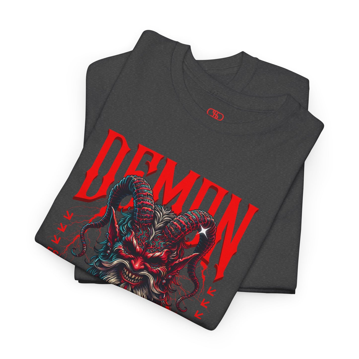 A folded heather gray t-shirt featuring a Red horned demon head with "Demon Wrath" text and lightning, gothic horror t-shirt design