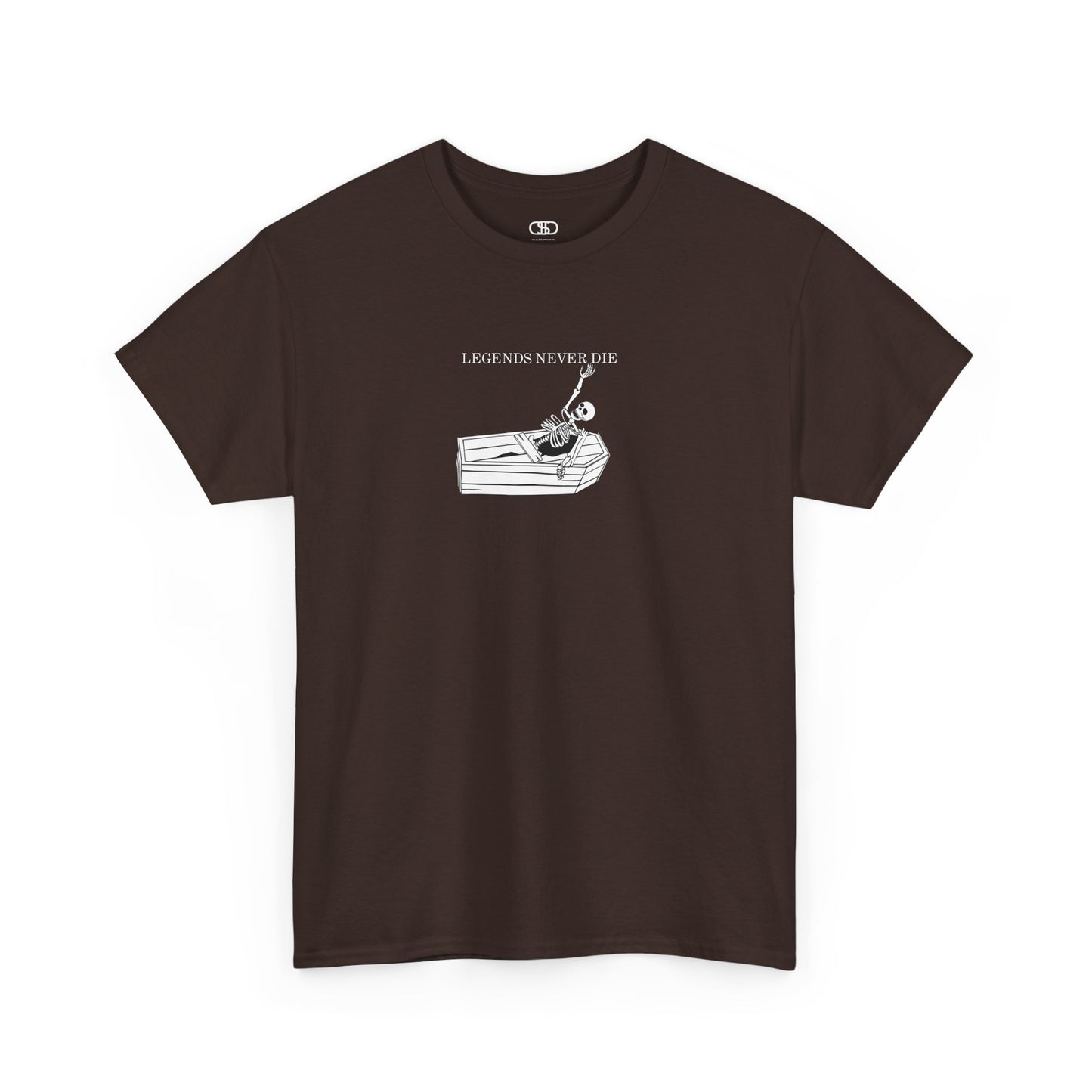 A dark brown T-shirt with a skeleton breaking free from a casket, reaching up towards "Legends Never Die" text.
