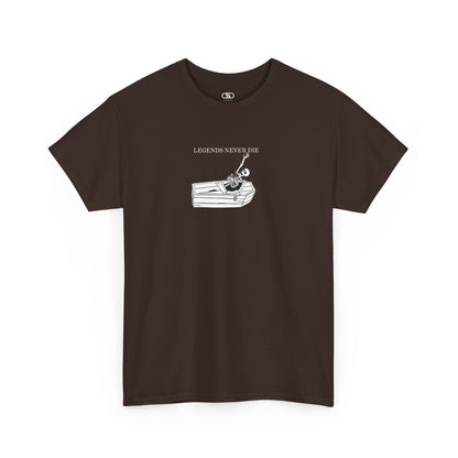 A dark brown T-shirt with a skeleton breaking free from a casket, reaching up towards "Legends Never Die" text.
