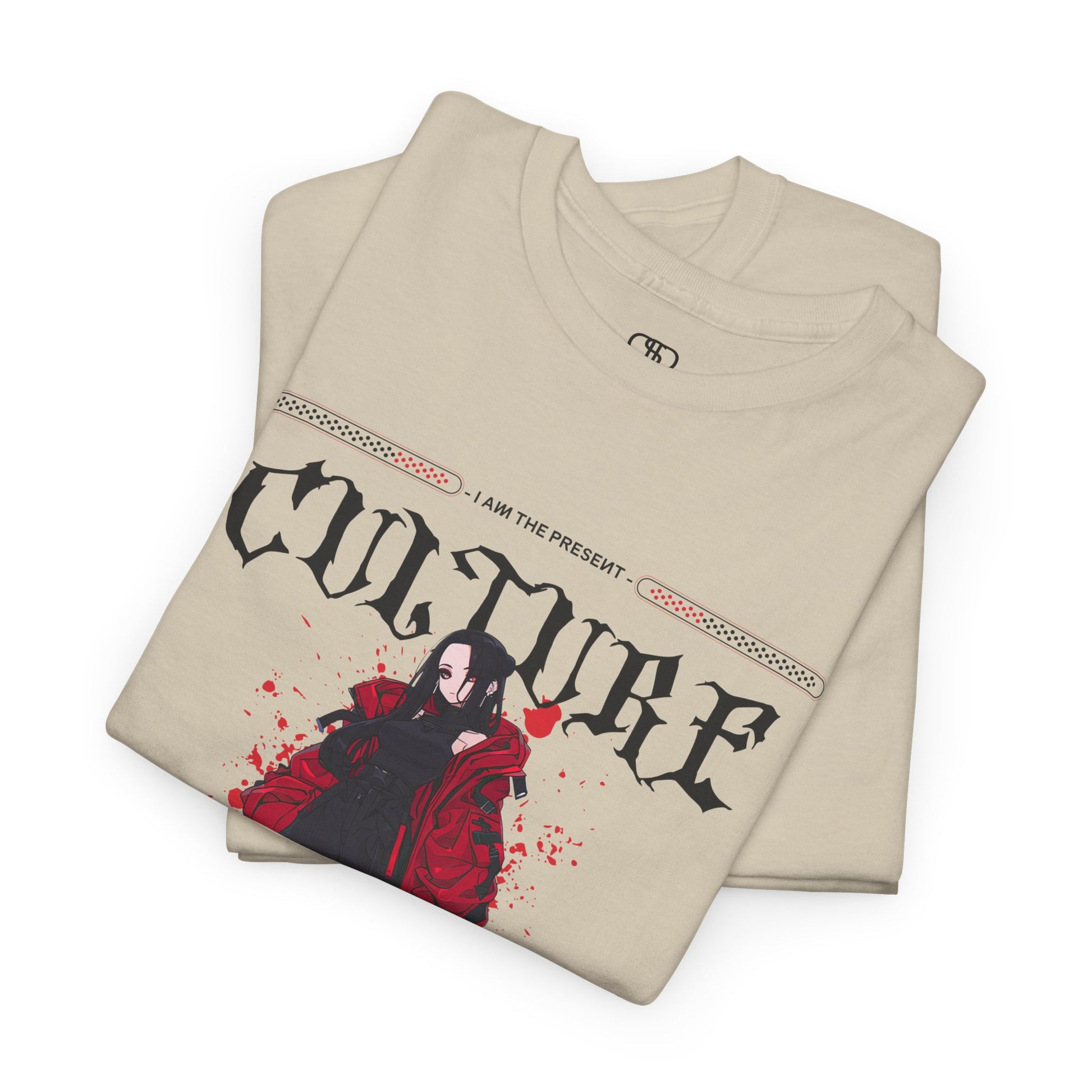 A folded sand T-shirt with a futuristic female anime character, "I Am The Present" and "Culture" text, and an inspirational memo.