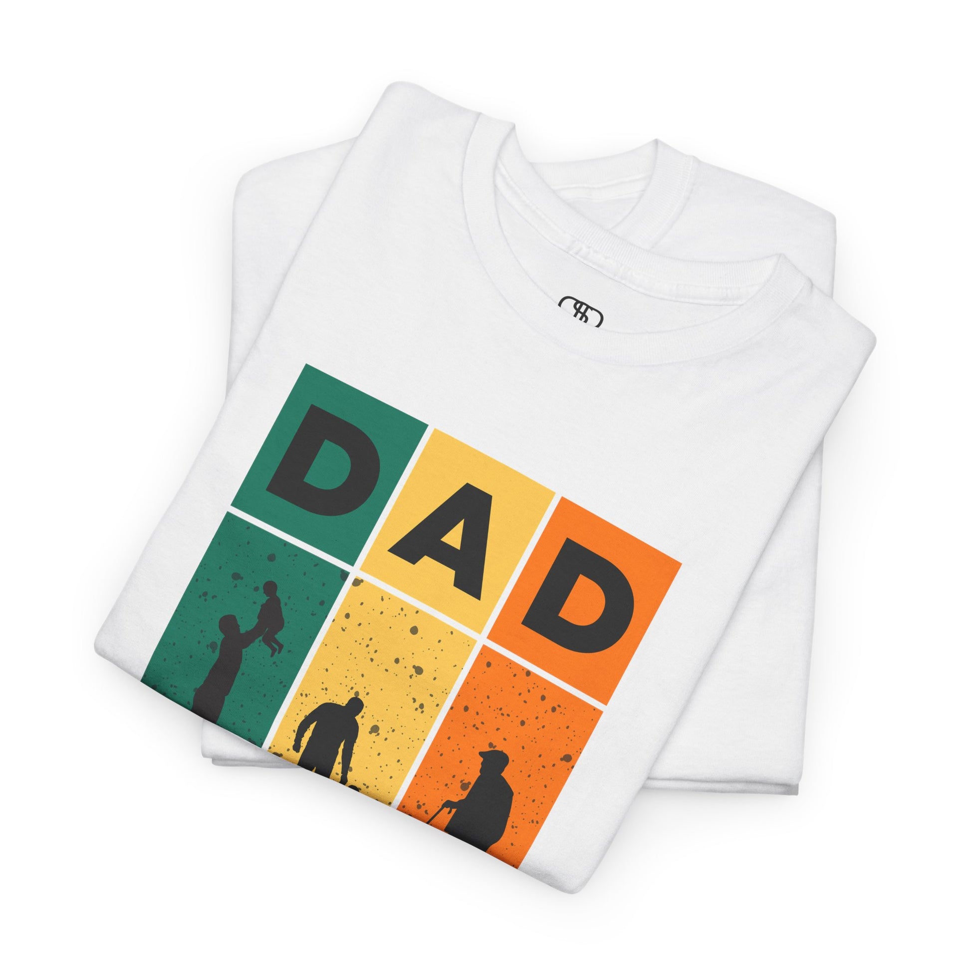 A folded white t-shirt T-shirt with "DAD" letters, each letter showing a different stage of a father's life (lifting child, walking with child, old age).