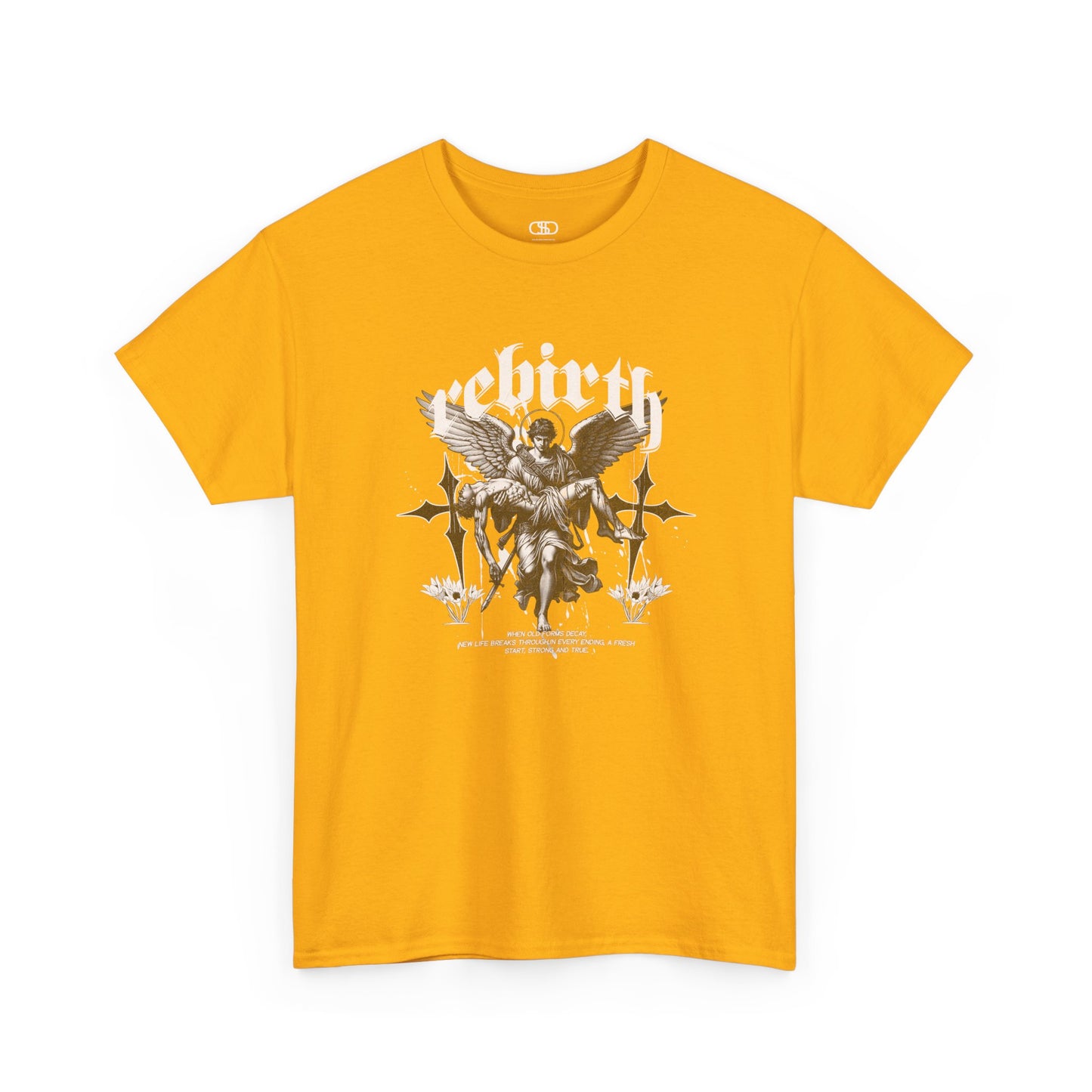 A gold T-shirt featuring a Angel carrying a figure with "Rebirth" text, white and black gothic spiritual art t-shirt.