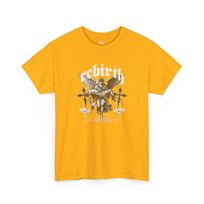 A gold T-shirt featuring a Angel carrying a figure with "Rebirth" text, white and black gothic spiritual art t-shirt.