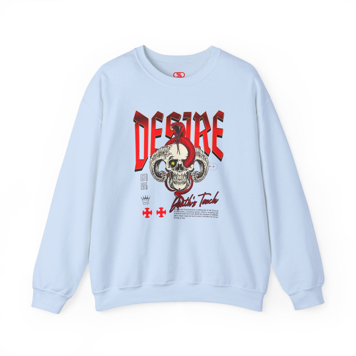 A light blue sweatshirt Horned skull with glowing eye and red snake wrapped around it, "Desire Death's Touch" text, gothic sweatshirt design.