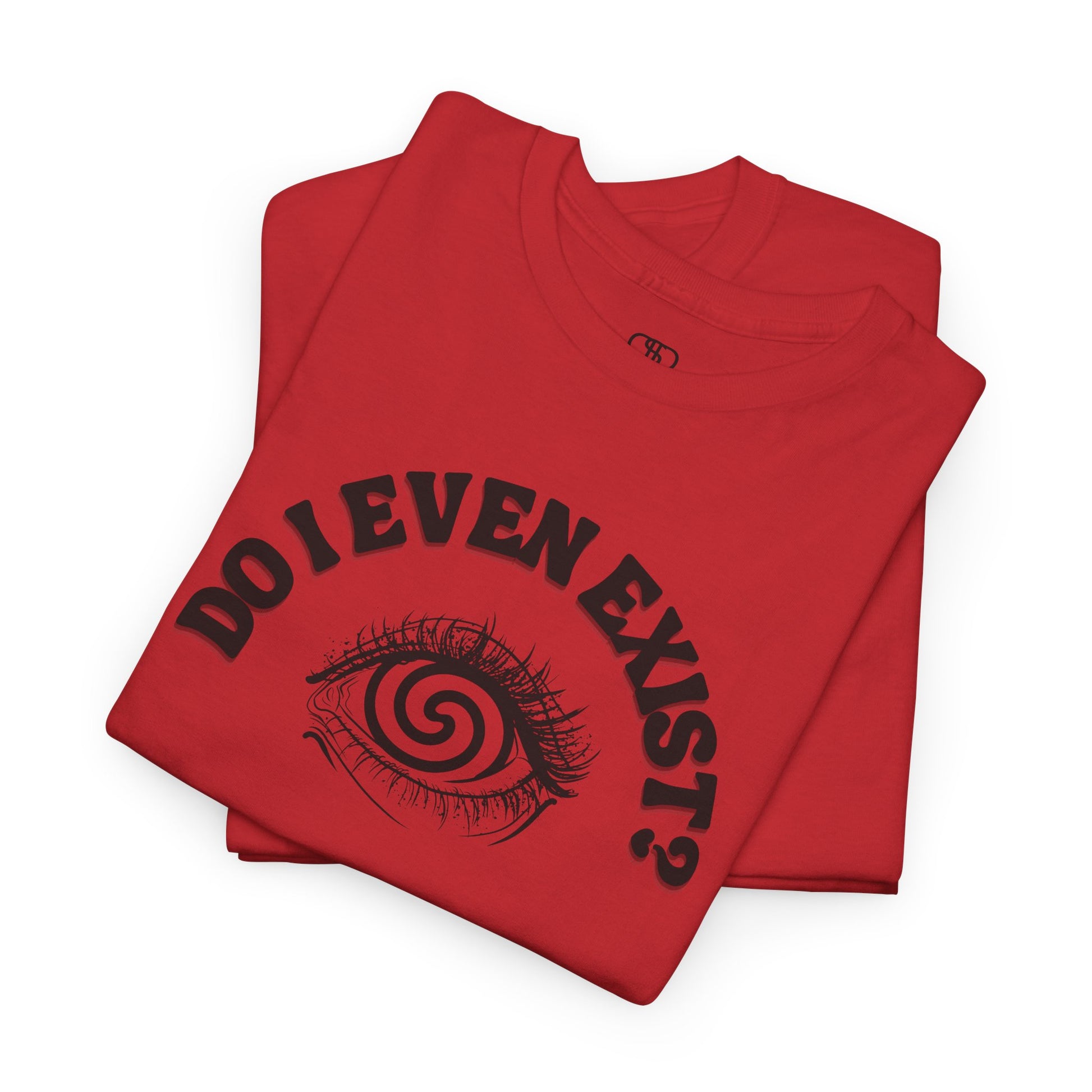 Red folded T-shirt with an eyeball and a mind-bending optical illusion and the text "Do I even exist? 