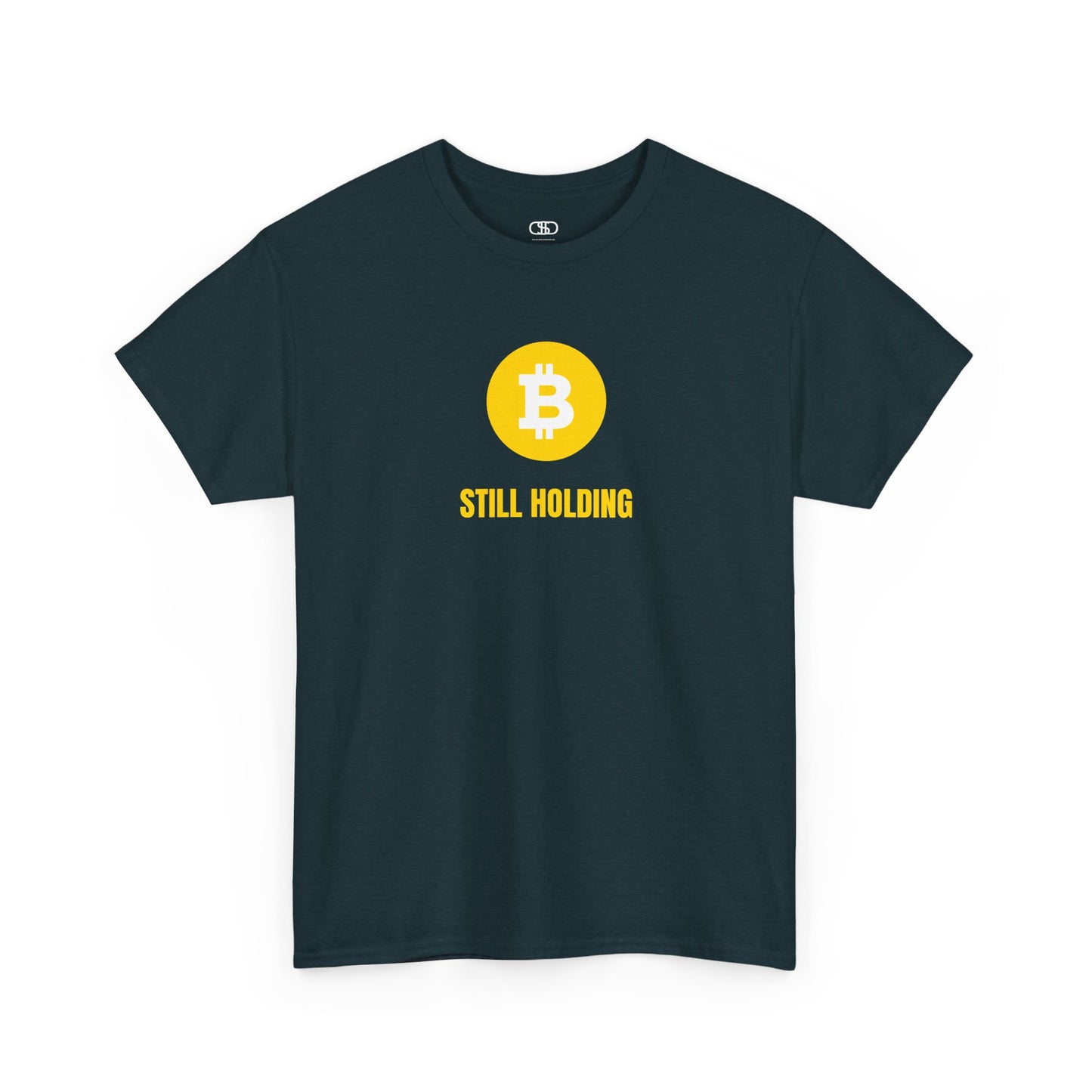  T-shirt with a Bitcoin emblem and "Still Holding" text in gold.