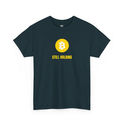 T-shirt with a Bitcoin emblem and "Still Holding" text in gold.