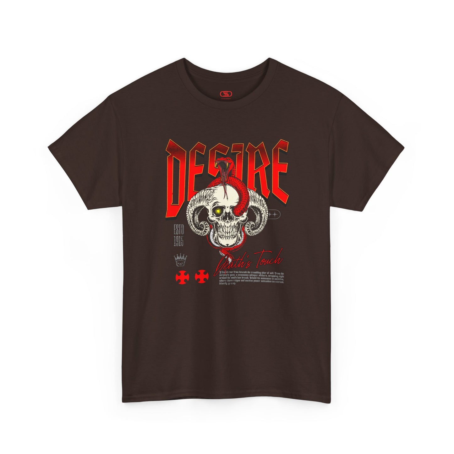 A dark brown t-shirt featuring a Horned skull with glowing eye and red snake wrapped around it, "Desire Death's Touch" text, gothic t-shirt design.