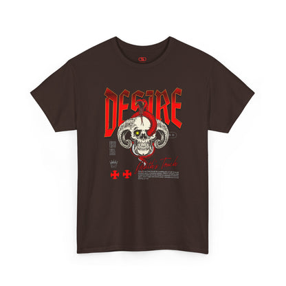 A dark brown t-shirt featuring a Horned skull with glowing eye and red snake wrapped around it, "Desire Death's Touch" text, gothic t-shirt design.