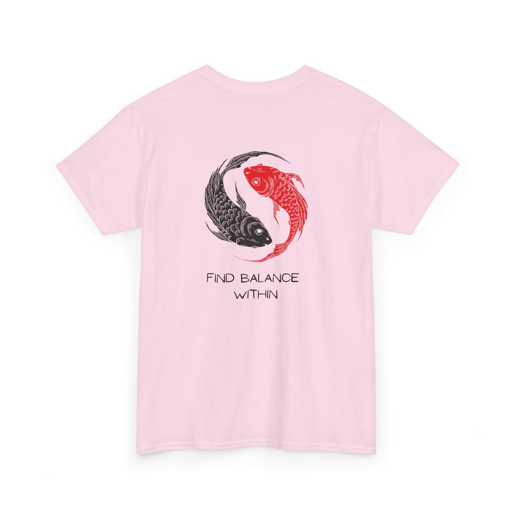  Back of a t-shirt showing two swimming koi fish in red and black, arranged in a harmonious circle above the words "find balance within."