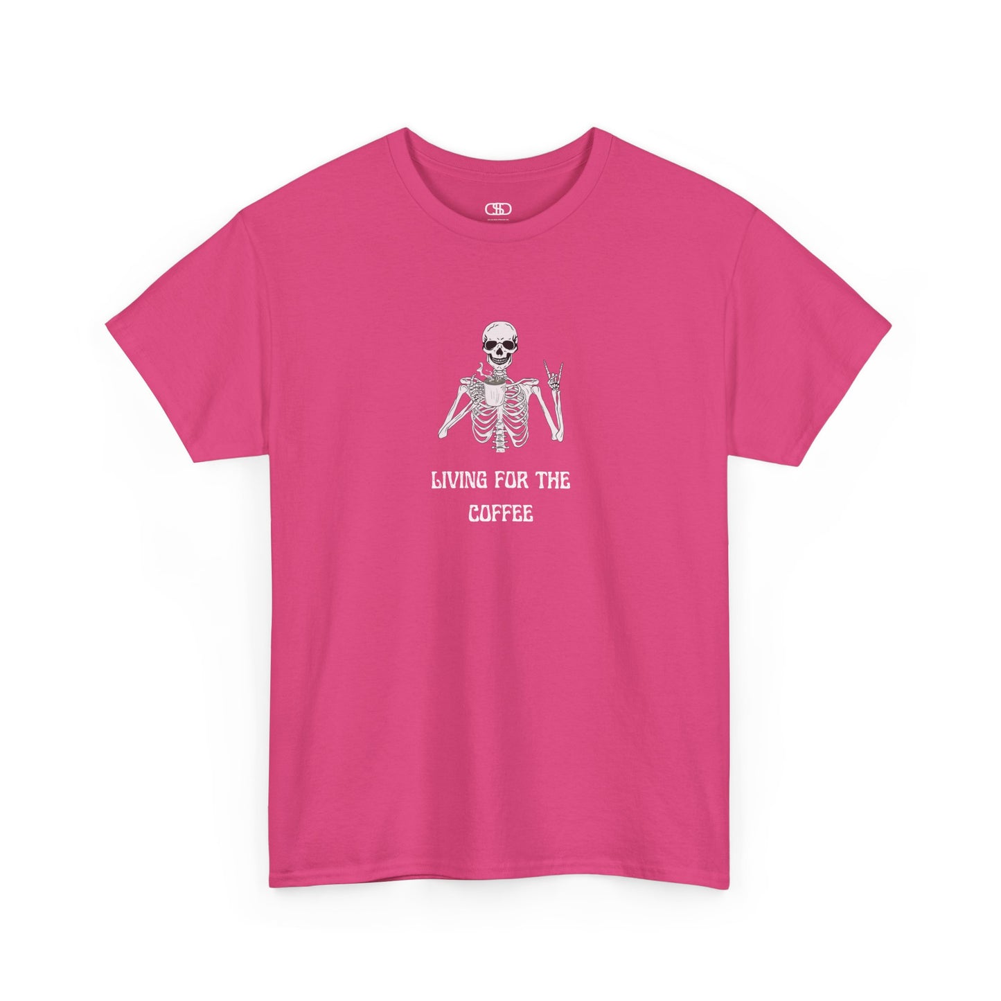  A Pink T-shirt with a skeleton holding a hot coffee, displaying a rock hand symbol, and "Living For The Coffee" text.
