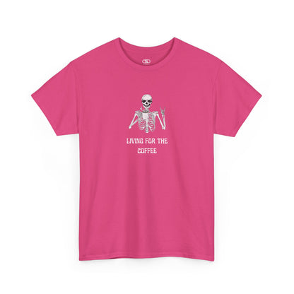  A Pink T-shirt with a skeleton holding a hot coffee, displaying a rock hand symbol, and "Living For The Coffee" text.
