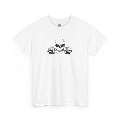 White t-shirt with a skull and barbell graphic on a white background