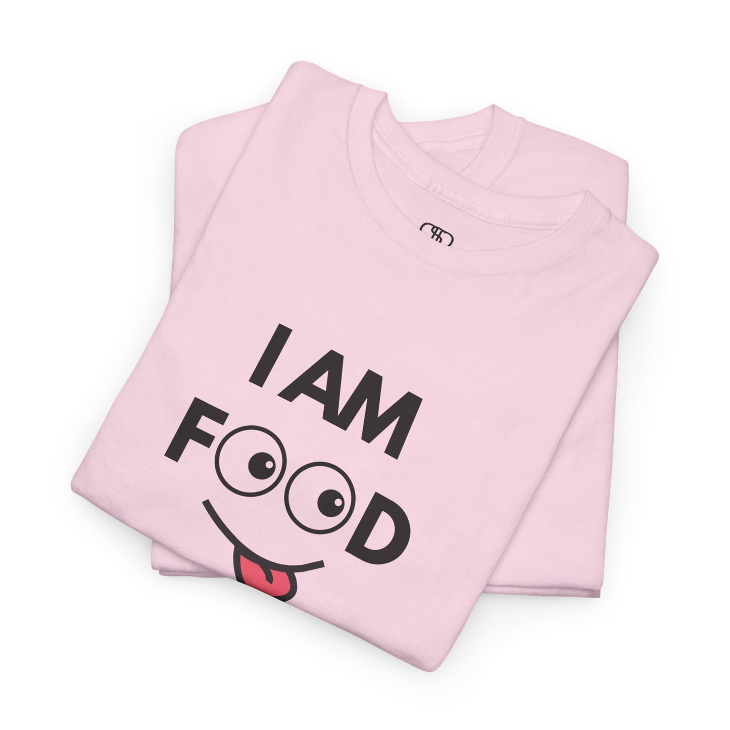 A light pink folded T-shirt with "I AM FOOD" text, where the 'OO' are cartoon eyes, and a tongue-out graphic.