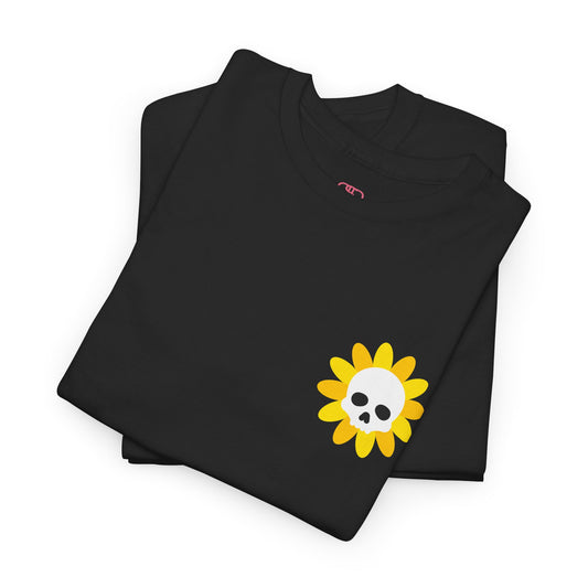  A [black] t-shirt featuring a sunflower with a skull at its center on the front and the words “i COULD DEADLIFT YOU” in a retro font on the back.