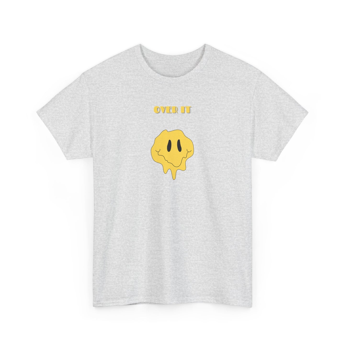 A t-shirt with a graphic of a yellow smiley face emoji melting into a puddle, with the words "Over It" printed below in a bold font.