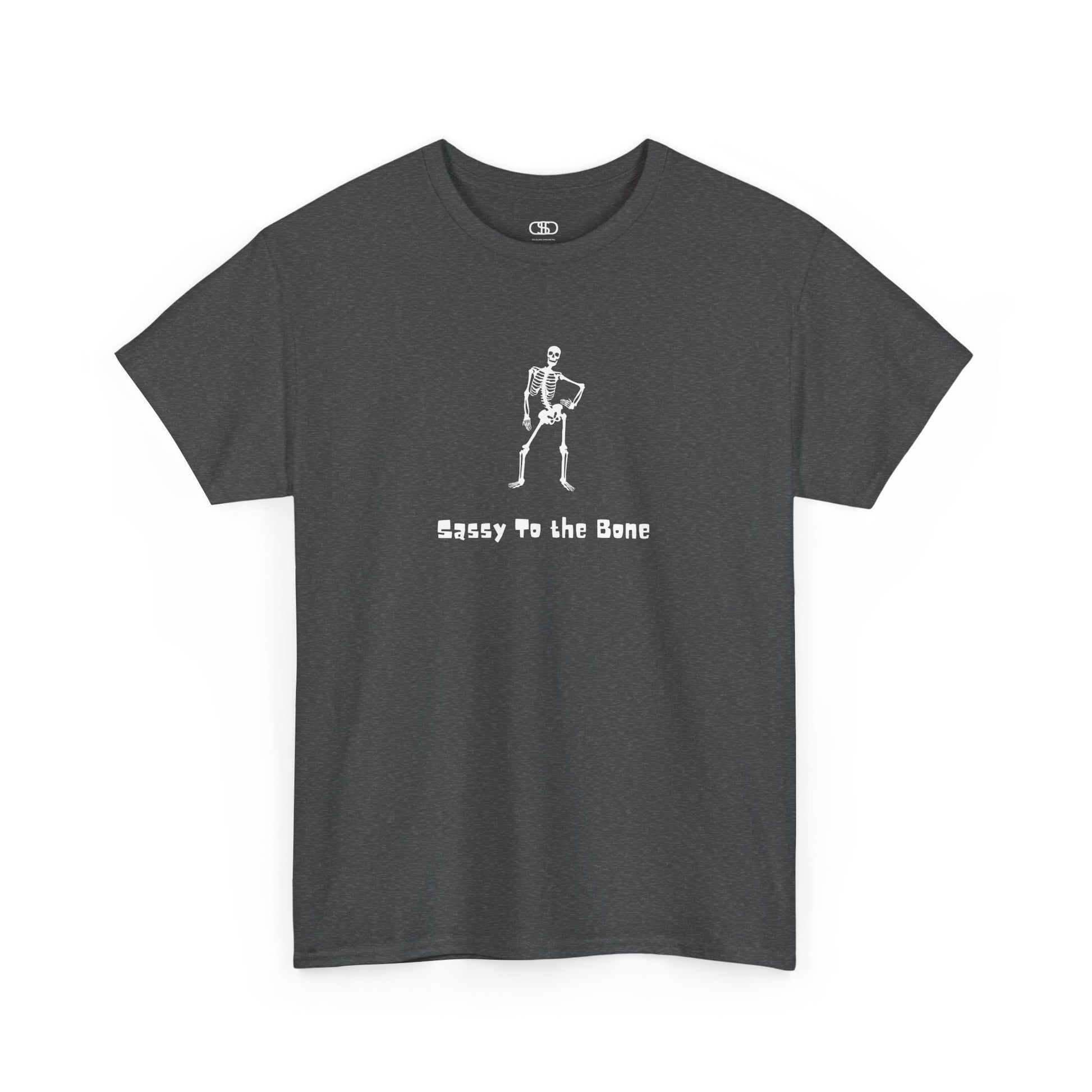 T-shirt with a sassy skeleton graphic with hands on hips and "Sassy to the Bone" text in a cartoon font.
