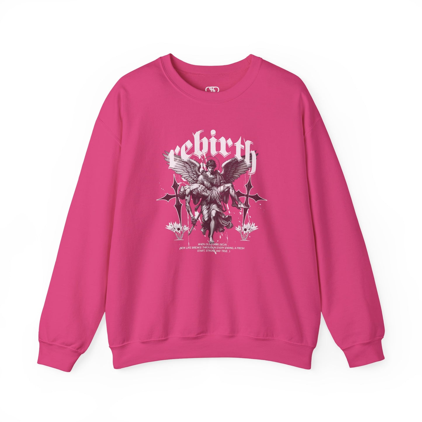 A Pink Sweater featuring an Angel carrying a figure with "Rebirth" text, white and black gothic spiritual art apparel.