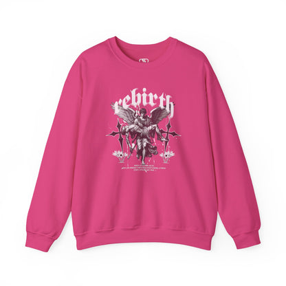 A Pink Sweater featuring an Angel carrying a figure with "Rebirth" text, white and black gothic spiritual art apparel.