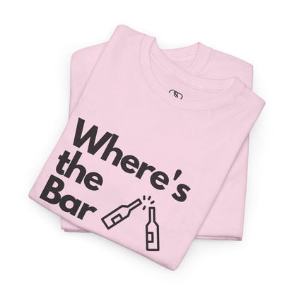 A folded T-shirt with "Where’s the Bar" text, two beer bottles cheering, and "I Need a Drink" text.