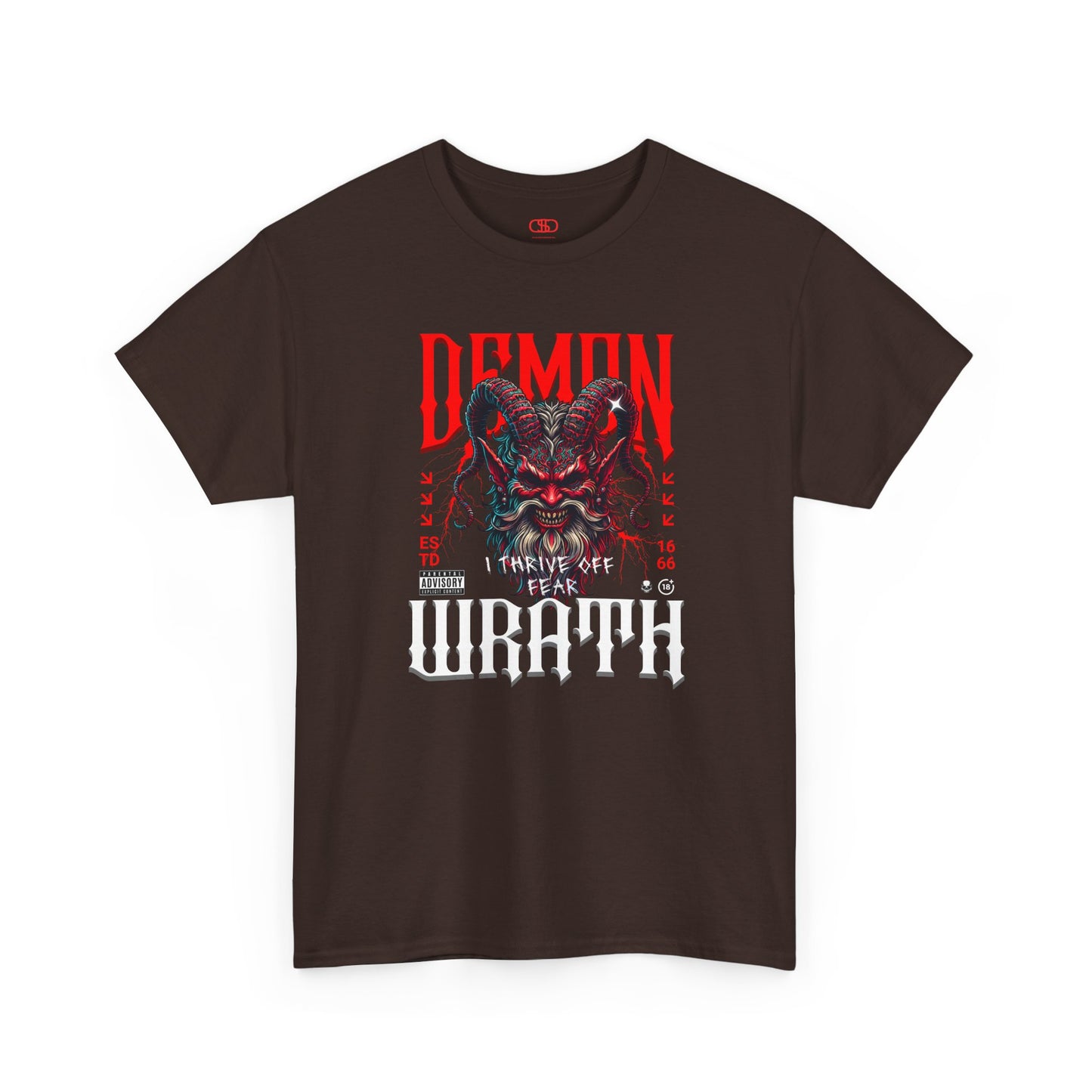 A dark Brown t-shirt featuring a Red horned demon head with "Demon Wrath" text and lightning, gothic horror t-shirt design