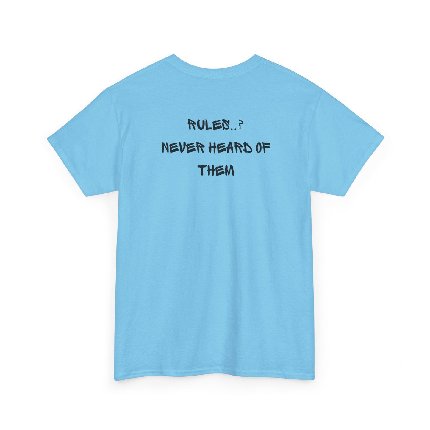 A sky blue t-shirt with small rock hand symbol on front, and "Rules.. Never Heard of Them" graffiti text on the back.