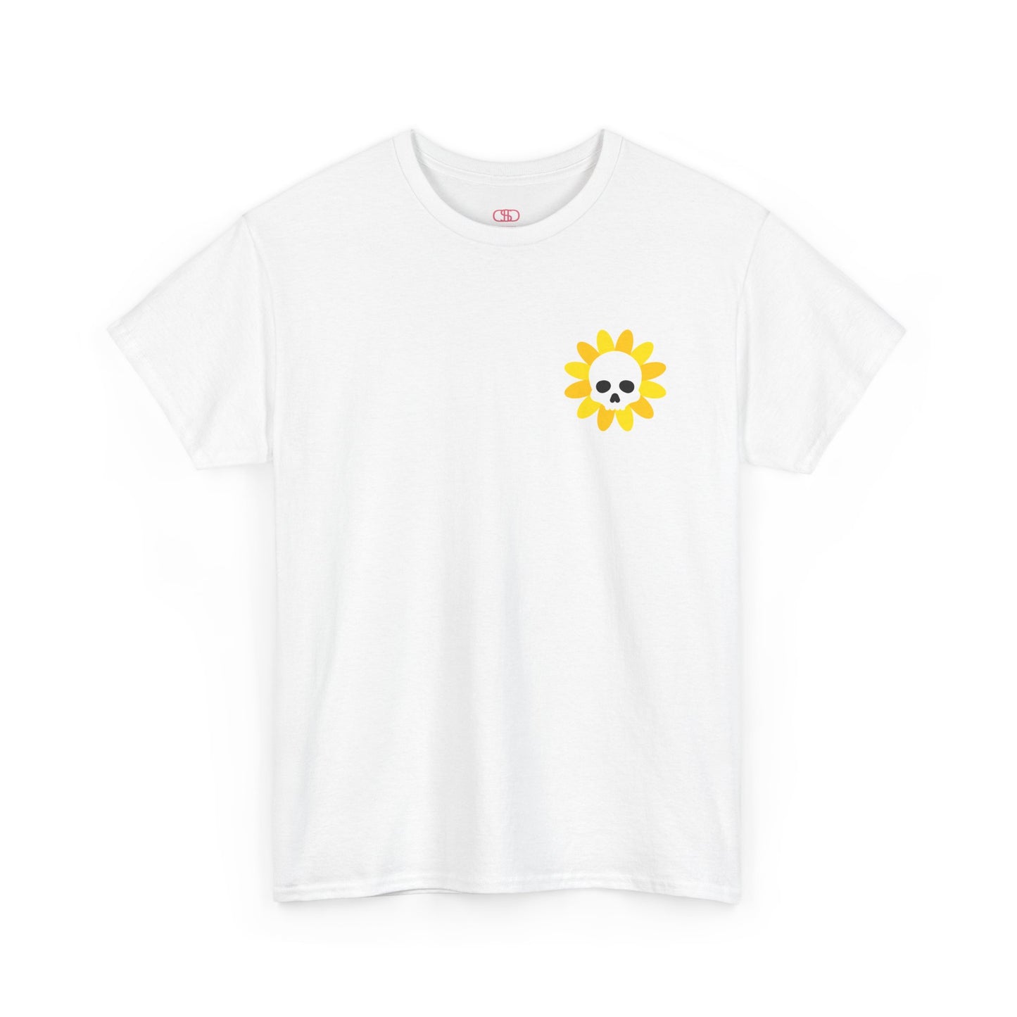 A [white] t-shirt featuring a sunflower with a skull at its center on the front and the words “i COULD DEADLIFT YOU” in a retro font on the back.
