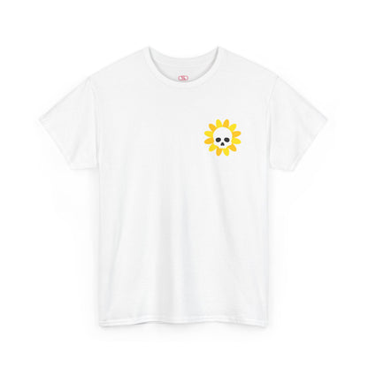 A [white] t-shirt featuring a sunflower with a skull at its center on the front and the words “i COULD DEADLIFT YOU” in a retro font on the back.