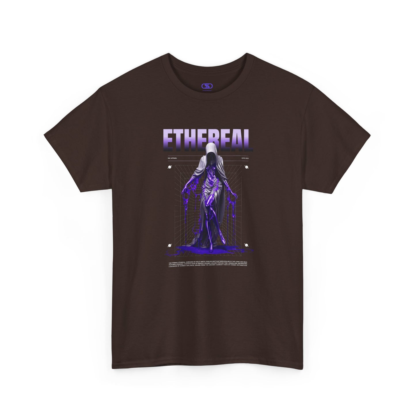 A dark brown t-shirt with a glowing purple ethereal ghostly figure in a robe, surrounded by mystic violet liquid and "Ethereal" text.