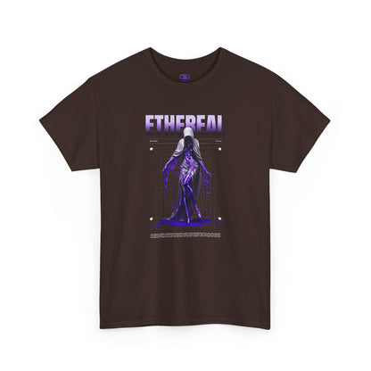 A dark brown t-shirt with a glowing purple ethereal ghostly figure in a robe, surrounded by mystic violet liquid and "Ethereal" text.