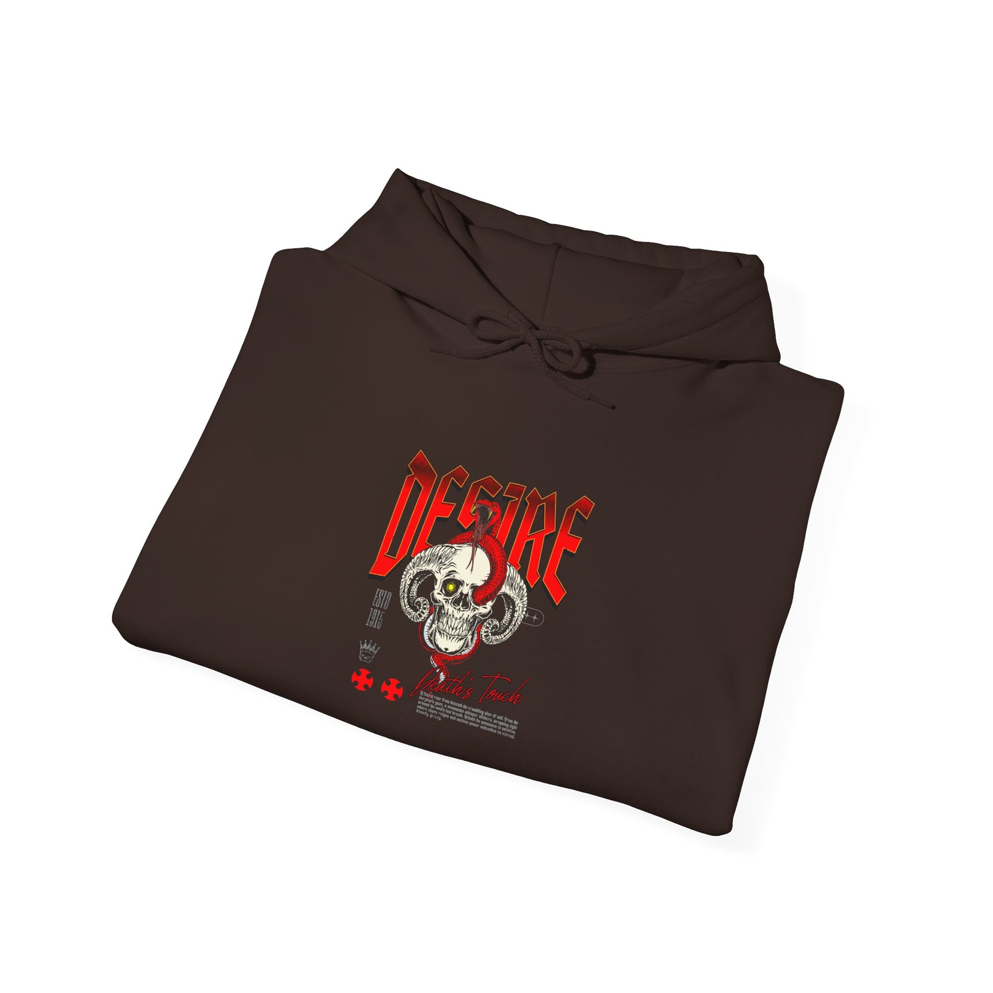 A folded dark brown hoodie featuring a Horned skull with glowing eye and red snake wrapped around it, "Desire Death's Touch" text, gothic hoodie design.
