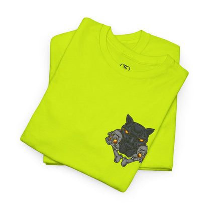 A folded safety green T-shirt with a daring dog graphic biting two skulls, all with glowing molten lava-like eyes.