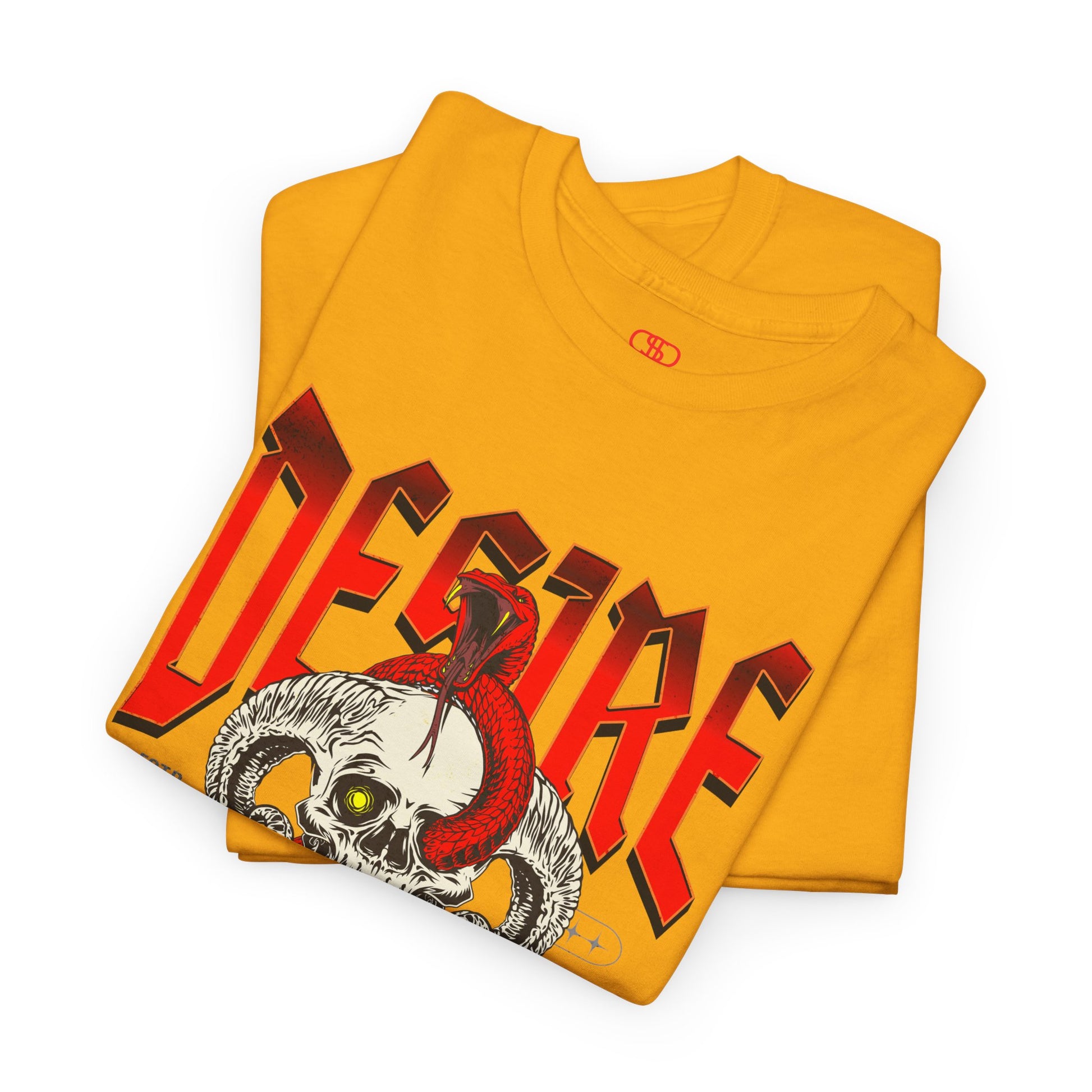 A folded gold t-shirt featuring a Horned skull with glowing eye and red snake wrapped around it, "Desire Death's Touch" text, gothic t-shirt design.