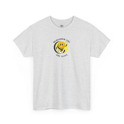 Ash Gray Front of a t-shirt showing a smiling waving emoji with curved text "Remember You Are Alive." The back shows a vibrant, smiling sunflower with the words "Make the Best Out of Everyday."