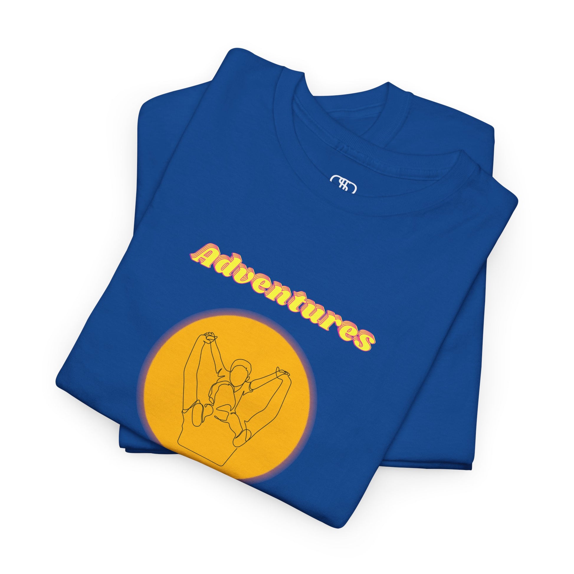A folded royal blue T-shirt with a graphic of a dad holding a child's hands on their shoulders and "Adventures With Dad" text.
