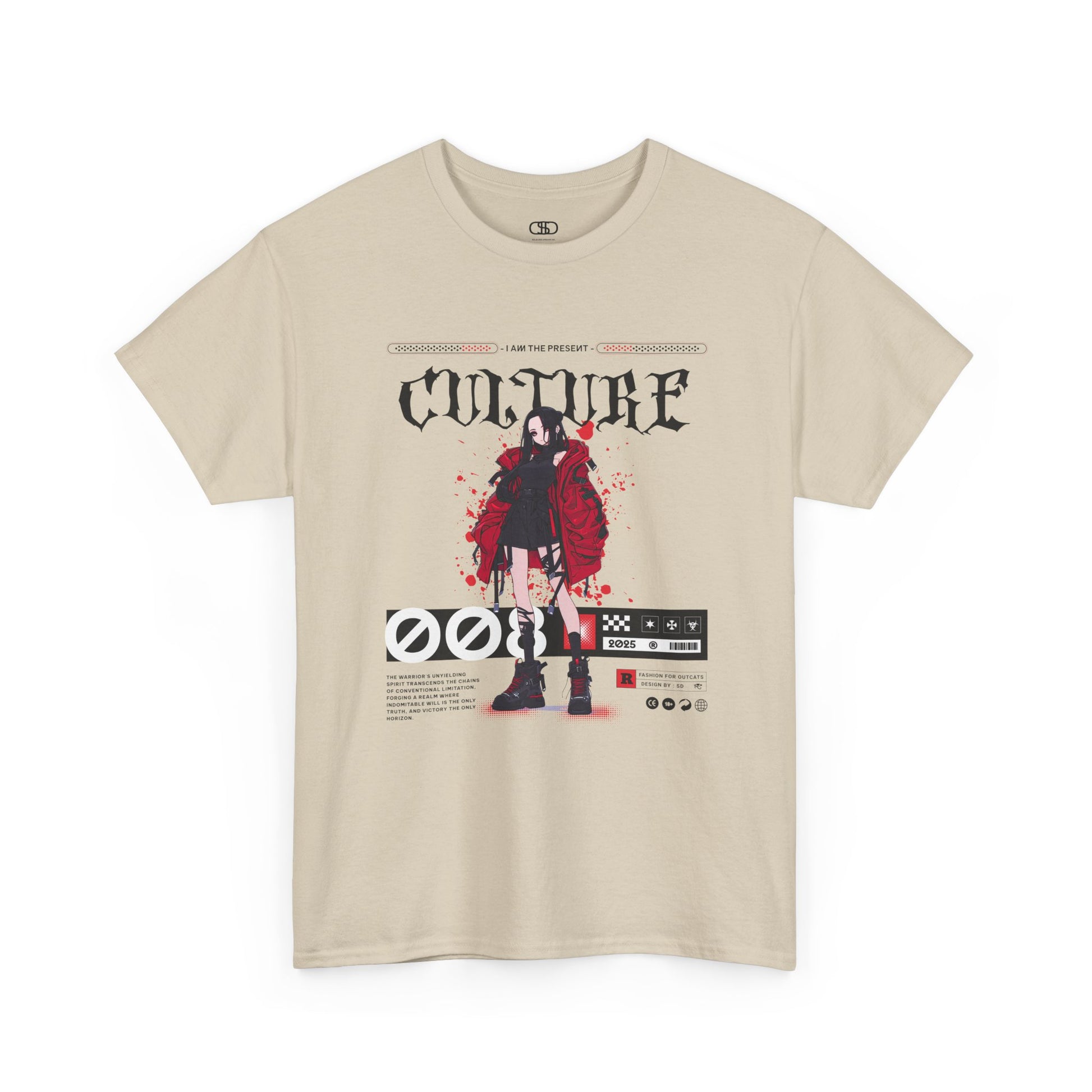 A sand T-shirt with a futuristic female anime character, "I Am The Present" and "Culture" text, and an inspirational memo.