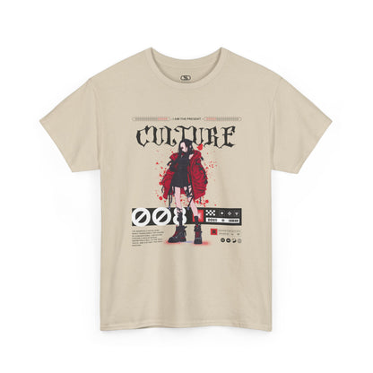 A sand T-shirt with a futuristic female anime character, "I Am The Present" and "Culture" text, and an inspirational memo.