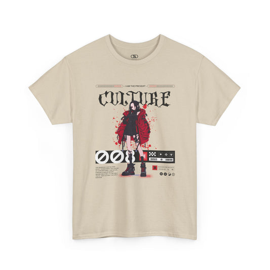 A sand T-shirt with a futuristic female anime character, "I Am The Present" and "Culture" text, and an inspirational memo.