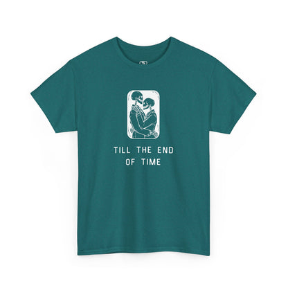 A t-shirt featuring a detailed print of two skeletons embracing in a hug with the text 'till the end of time' below them.