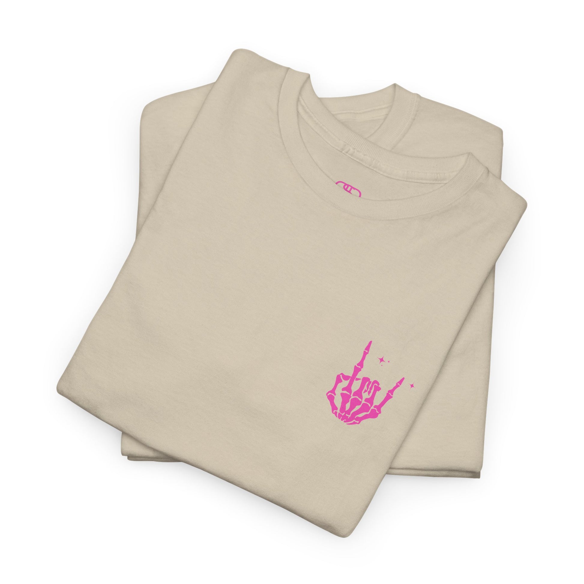 A folded sand t-shirt with a skeletal rock hand on the front and a melting emoji with the phrase “I match energy So ho we gon’ Act Today?” on the back.
