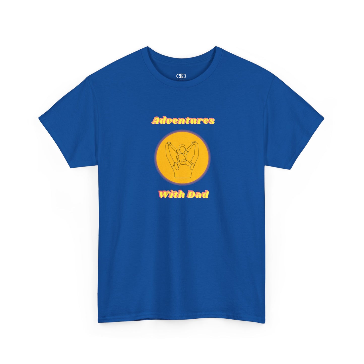 A royal blue T-shirt with a graphic of a dad holding a child's hands on their shoulders and "Adventures With Dad" text.