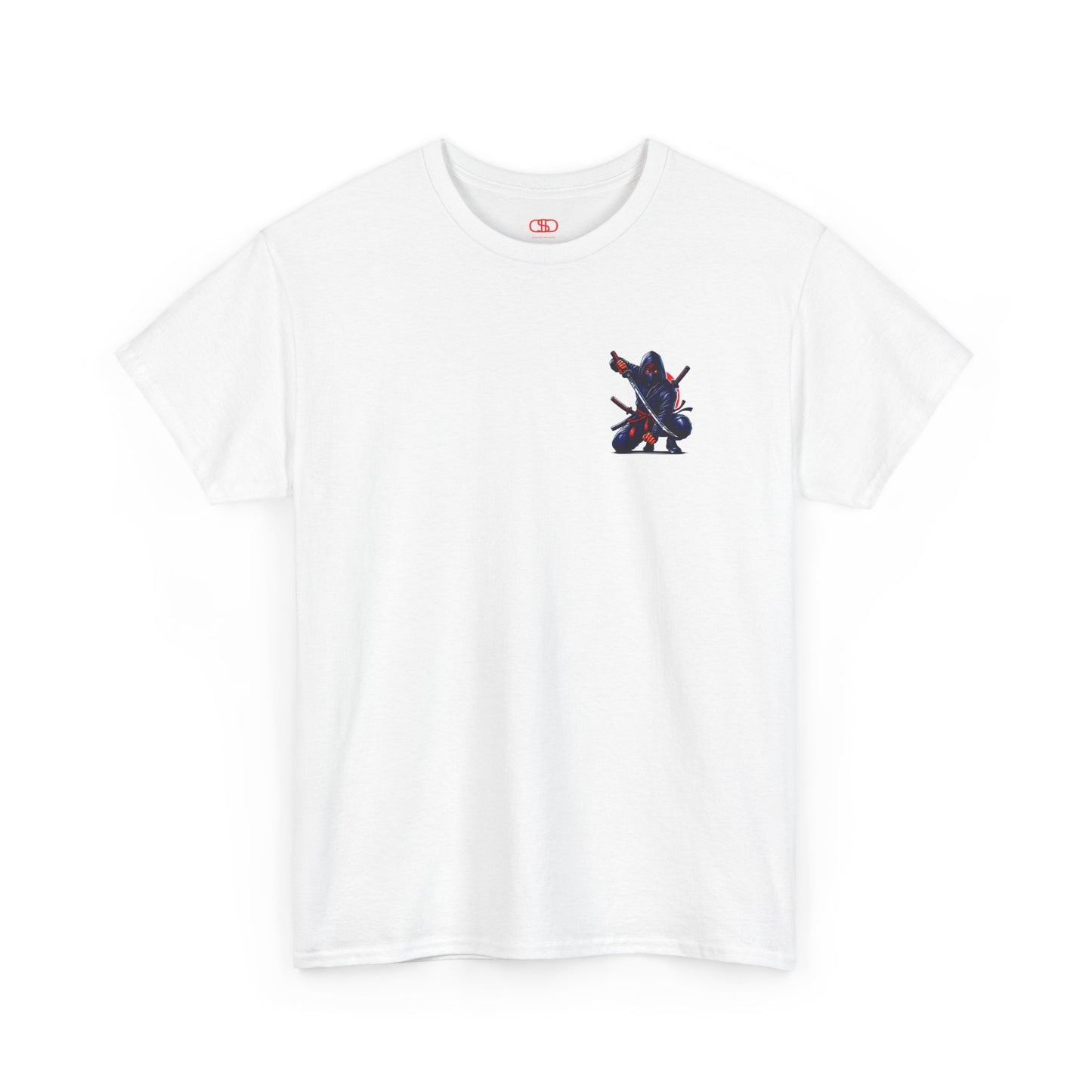 A white t-shirt featuring a Crouching ninja with two katanas and "Bushido" text, red and black Japanese-inspired t-shirt design.