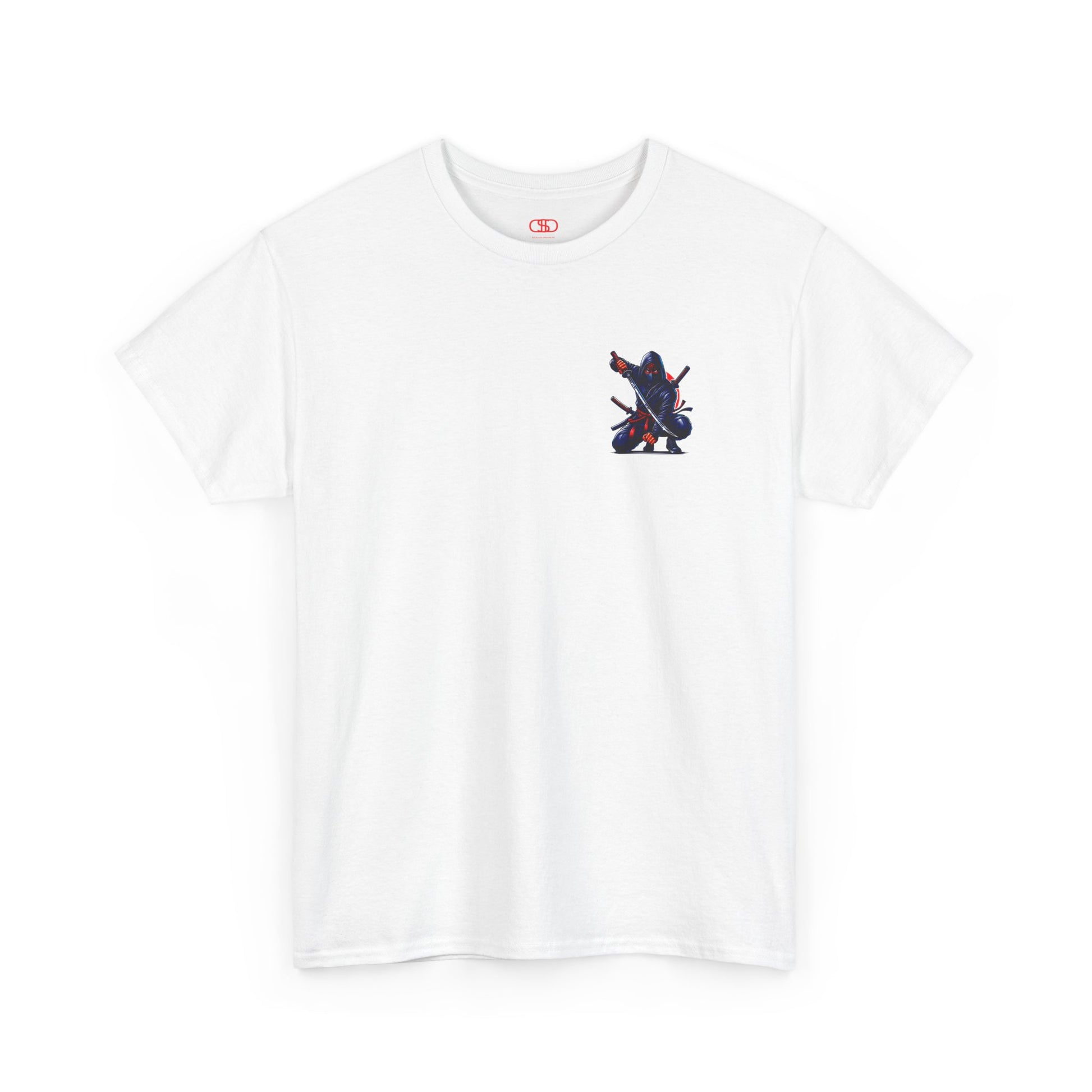 A white t-shirt featuring a Crouching ninja with two katanas and "Bushido" text, red and black Japanese-inspired t-shirt design.