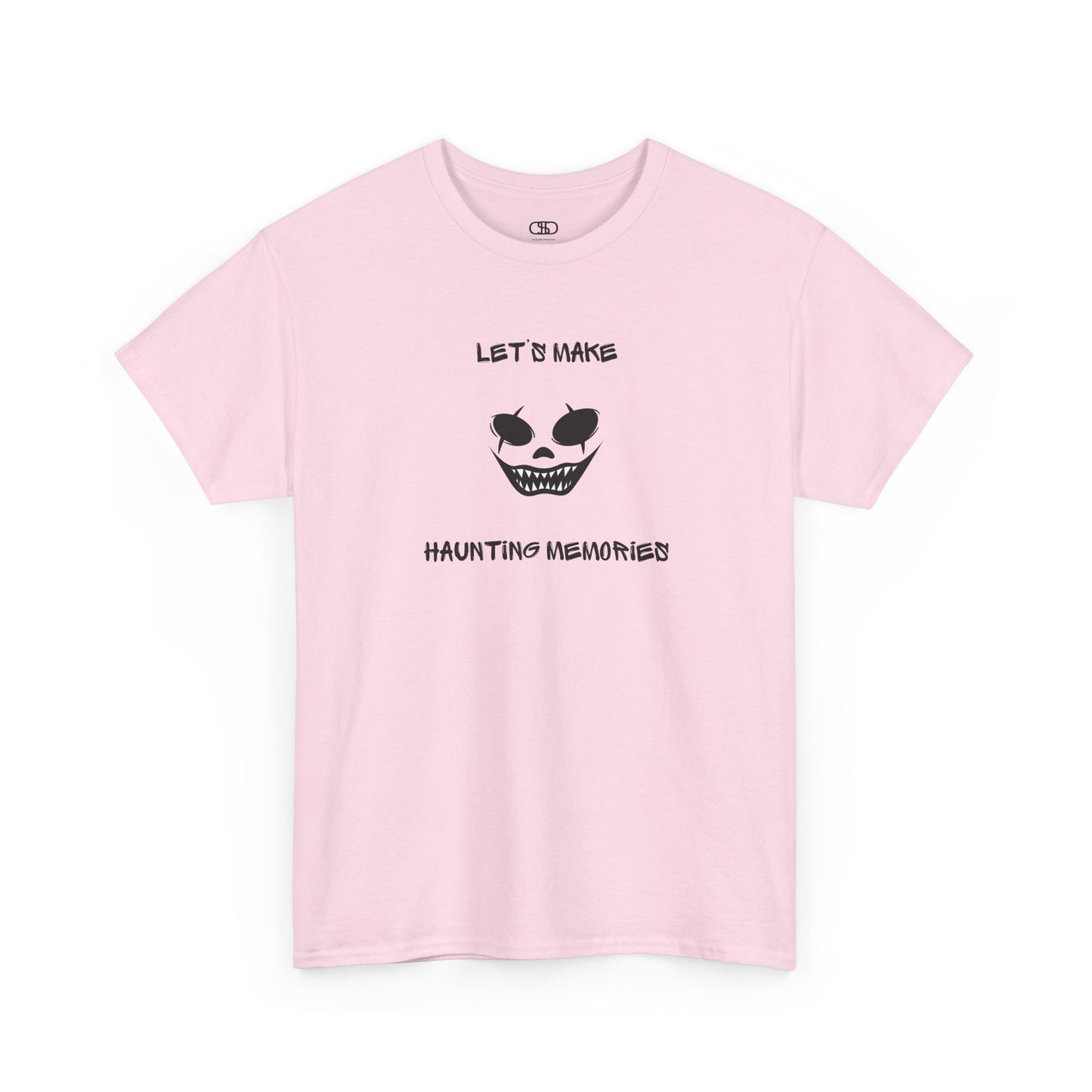 A Light pink T-shirt with a daring clown graphic with sharp teeth and scars, and "Let’s Make Haunting Memories" text.
