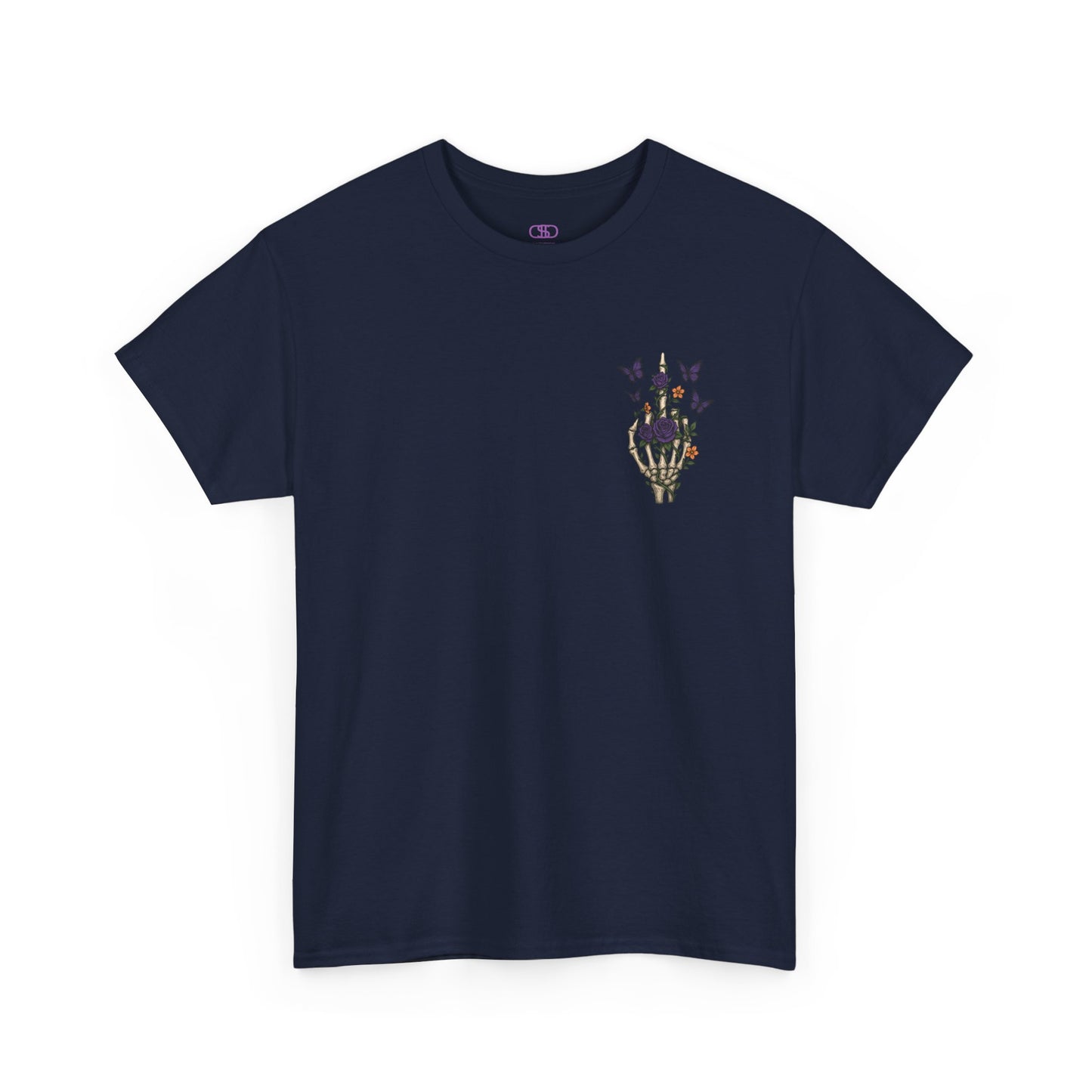 A navy t-shirt with a skeleton hand flipping its middle finger on the front surrounded by vines, roses, & butterflies, and a full skeleton design on the back with the phrase “My Last Flying Fuck.”