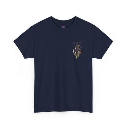 A navy t-shirt with a skeleton hand flipping its middle finger on the front surrounded by vines, roses, & butterflies, and a full skeleton design on the back with the phrase “My Last Flying Fuck.”