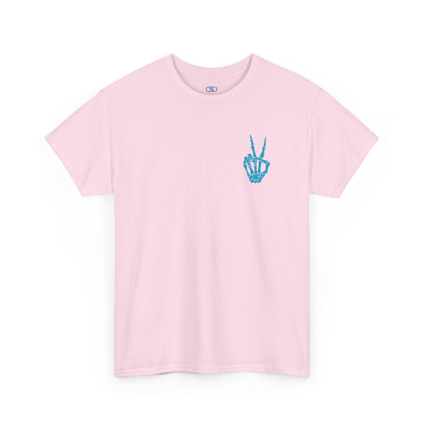 A [Light Pink] t-shirt with a skeletal peace sign on the front and the phrase “Have the day you deserve” with a large skeletal peace sign on the back.